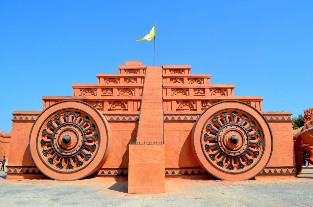 Explore the majestic chariot wheel sculpture at Ramoji Film City, India. A cinematic marvel and travel destination.